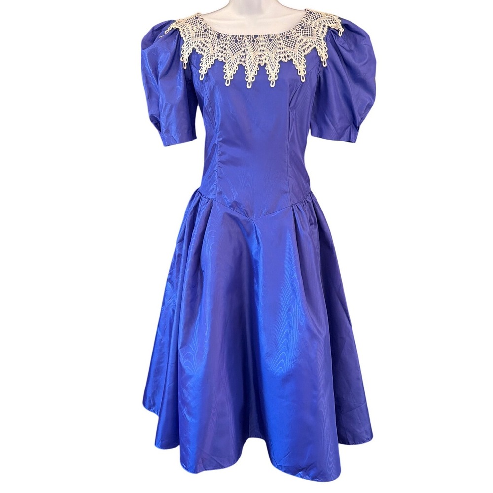 Vintage 80s Unbranded Party Dress Royal Blue Lace Collar Puff Sleeve Retro Prom